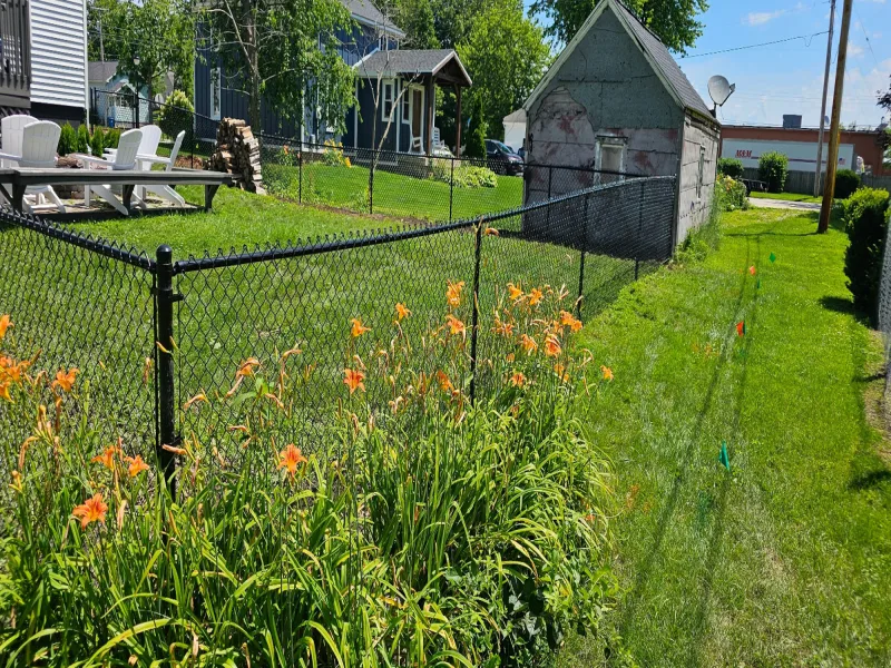 Black chain link residential fence with day lilies in foreground, Northern Indiana installation